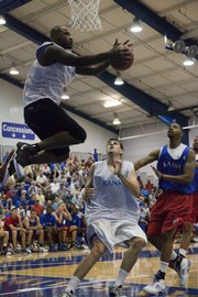 Darnell Jackson, left, skies for a reverse layup, as Christian Moody, middle, and Marcus Morris position for a rebound Wednesday at Horejsi Center.