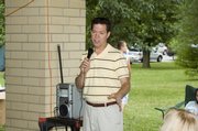 U.S. Sen. Sam Brownback, Republican candidate for the 2010 governor’s race, speaks to about 150 people at a Leavenworth County Republican Party barbecue Saturday at VFW Park in Tonganoxie.