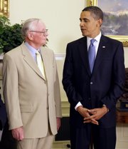 President Barack Obama greets Apollo 11 astronaut Neil Armstrong on Monday in the Oval Office of the White House in Washington on the 40th anniversary of the Apollo 11 lunar landing.