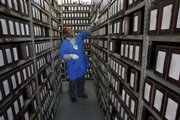 Albert Gaskin, caretaker at Evergreen Cemetery in Los Angeles, looks over the cremated remains of unclaimed bodies. More people are finding themselves unable to pay the fee to claim a relative’s remains.