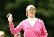 Scotland’s Catriona Matthew reacts after a birdie on the 18th green. Matthew is tied for the lead after the second round of the Women’s British Open on Friday at Lytham St. Annes, England.