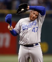 Kansas City Royals starting pitcher Sidney Ponson reacts after giving up a home run to the Tampa Bay Rays’ Carlos Pena in the first inning. The Rays won, 8-2, Friday in St. Petersburg, Fla.