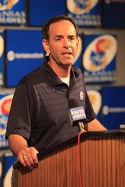 Kansas volleyball coach Ray Bechard speaks at Media Day Wednesday. The Jayhawks return all but one starter from last season.
