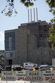 The four tallest towers on The Oread are individual cell towers for companies like AT&T, Sprint and other telephone companies. This view of the hotel is taken from the north side of the building, which faces the Kansas University campus to the south.