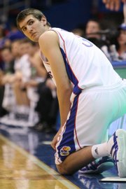 Kansas center Jeff Withey prepares to check in for the first time this season during the second half, Tuesday, Dec. 29, 2009 at Allen Fieldhouse.
