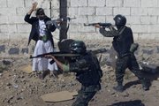Soldiers from the anti-terrorism force of the Yemeni Defense Ministry take part in an exercise Saturday in a training camp at the Sarif district, north of the capital San’a, Yemen.