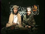 In this image taken from undated video made available from Taliban sources Saturday purportedly showing Humam Khalil Abu Mulal al-Balawi, right, reading a statement to camera vowing revenge for the death of Pakistani Taliban chief Baitullah Mehsud, while sitting next to the new leader of the Pakistani Taliban, Hakimullah Mehsud.