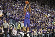 Kansas forward Marcus Morris pulls up for a three-pointer in front of the Bramlage Coliseum crowd during the first half Saturday, Jan. 30, 2010 at Bramlage Coliseum.