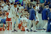 1991: March 23, in Charlotte, N.C., after knocking off No. 2 seed Indiana to advance to the Elite 8, Kansas upends top seed Arkansas (and Nolan Richardson's 40 minutes of hell) to advance to Final Four, where Roy Williams would coach against and defeat Dean Smith and KU would eventually lose to Duke in national title game.