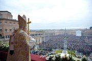 Pope Benedict XVI addresses the faithful during the “Urbi et Orbi” (To the City and the World) message at the end of the Easter Mass in St. Peter’s Square. Benedict was silent on recent accusations of clerical sexual abuse, but other church leaders spoke up Sunday in defense of the pontiff and his leadership. Read more on page 10A.