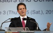 U.S. Secretary of the Treasury Timothy Geithner holds a press briefing at the close of the G20 Finance Ministers and Central Bank Governors Meeting on Saturday in Busan, South Korea. Finance ministers and central bankers from the world’s leading economies agreed Saturday on the need to cooperate in fending off financial market turmoil and keeping the world economic recovery on track.