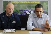 President Barack Obama, accompanied by National Incident Commander Adm. Thad Allen, makes a statement after being briefed on the BP oil spill relief efforts in the Gulf Coast region June 4 at Louis Armstrong International New Orleans Airport in Kenner, La.