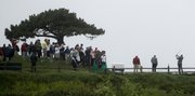Dustin Johnson tees off on the seventh hole during a practice round of the U.S. Open golf tournament on Monday in Pebble Beach, Calif.