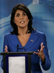 South Carolina Republican candidate for Governor
Rep. Nikki Haley, R-Lexington, participates in a televised debate in this May 3 file photo in Columbia, S.C. She was an obscure state lawmaker just months ago, but now Haley is the odds-on favorite to be South Carolina’s first female governor.