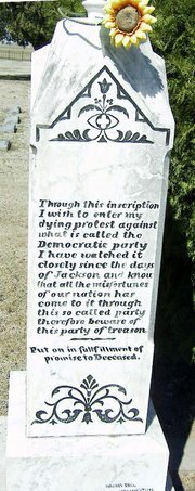 This photo found online shows the infamous tombstone of Nathaniel Grigsby, who is buried near Attica. The stone, which criticizes the Democratic party, even has a Facebook page for admirers.
