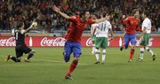 Spain’s David Villa, second left, celebrates after scoring the opening goal during the World Cup round of 16. His was the only goal in a 1-0 victory over Portugal on Tuesday in Cape Town, South Africa.