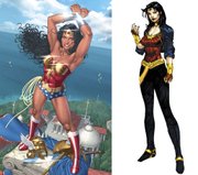 The illustration above left released by DC Comics shows an image of Wonder Woman by artist Nicola Scott. The illustration above right released by DC Comics shows the new look for Wonder Woman designed by DC Comics co-publisher Jim Lee. Wonder Woman’s wardrobe change has comic fans searching for meaning. Wonder Woman’s new look ditches the famous red bustier, star-spangled hot pants and red knee-high boots and replaces them with black leggings and a motorcycle jacket.