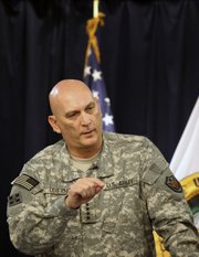 U.S. Army Gen. Ray Odierno speaks Tuesday during a news conference in Baghdad. The top American military commander in Iraq said U.N. peacekeeping forces may need to protect disputed territories in the nation’s north if tensions between Kurds and Arabs haven’t eased by the time U.S. troops leave in 2011.