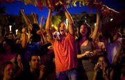 Supporters of the Spanish soccer team react as they watch Spain’s World Cup victory over Germany on Wednesday. These fans watched the game on the beach in Barcelona, Spain, a city that produced several of Spain’s stars. Spain will face the Netherlands in the World Cup final Sunday in South Africa.
