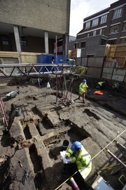 Archaeologists work Thursday on an excavation site of London’s first theater, where William Shakespeare’s plays were first performed. In Elizabethan times the theater lay outside the city walls — free from regulation by city leaders hostile to theaters and other “disreputable” entertainments. The remains of the original theater will be displayed under glass at the new site.