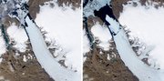 This combination of two satellite images provided by NASA and taken on July 28, at left, and Aug. 5 shows the Petermann Glacier in Northern Greenland. A giant ice island, seen in image at right, has broken off the Petermann Glacier. A University of Delaware researcher says the floating ice sheet covers 100 square miles — more than four times the size of New York’s Manhattan Island.