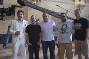 Actor Timothy Hutton, left, KU intern Scott Root, producer/director Marc Roskin, KU interns Josh Nathan and am Findlay pose on the set of "Leverage."