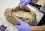 An official reveals a package containing a kilogram of cocaine hidden inside a hollowed out chunk of bologna.