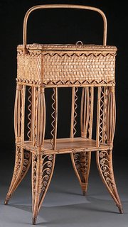 This woven wicker sewing basket was made around 1900 to be kept on the floor near a seamstress. It is 28 inches high. Although rare, it sold for only $75 at a Jackson’s auction in Cedar Falls, Iowa.