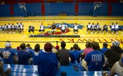 Bill Self and the Kansas University men's basketball team speak to a small crowd Sunday afternoon at Allen Fieldhouse. The public was invited to a question and answer session with the team.