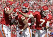 Kansas City Chiefs tight end Tony Moeaki (81) celebrates a touchdown on Sept. 26 in Kansas City, Mo. The Chiefs will put their 3-0 record to the test today at Indianapolis.