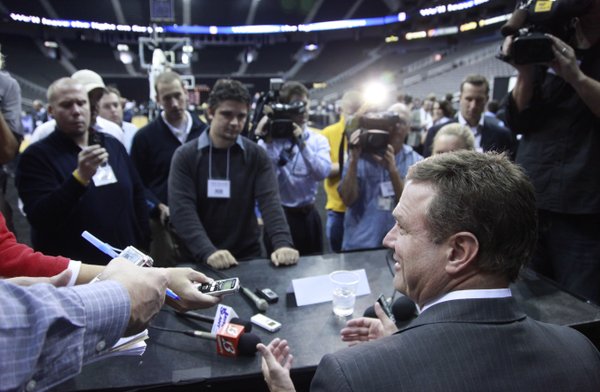 Kansas head coach Bill Self laughs as he talks with reporters during Big 12 media day Thursday, Oct. 21, 2010 at the Sprint Center in Kansas City, Mo.