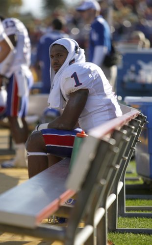 Kansas safety Lubbock Smith sits on the bench during the final moments of the Jayhawks' 28-16 loss to Iowa State Saturday, Oct. 30, 2010 at Jack Trice Stadium.