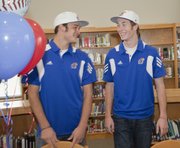 Free State senior baseball players Cody Kukuk, left, and Colin Toalson chatted about their decisions to attend Kansas University on Wednesday at FSHS.