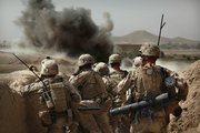 U.S. Marines from Bravo Company of the1st Battalion of the 2nd Marines watch the explosion after calling in an air strike during a gunbattle as part of an operation to clear the area of insurgents near Musa Qaleh, in northern Helmand Province, southern Afghanistan, in this July 23 file photo. The U.S.-led coalition has now been fighting for as long as the Soviet Union did, and while the two invasions had different goals, whether they have significantly different outcomes remains to be seen.