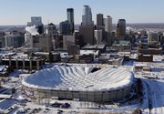 The collapsed roof of the Metrodome is shown in this aerial view in Minneapolis on Sunday. The inflatable roof of the Metrodome collapsed after a snowstorm that dumped 17 inches on Minneapolis.