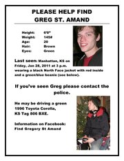 Lawrence police are among those looking for Greg St. Amand, 20, who was last seen Jan. 28 in Manhattan.