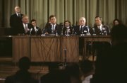Seated from left, Sen. Stuart Symington, Democratic Presidential candidate Sen. John F. Kennedy, former President Harry S. Truman and Sen. Henry "Scoop" Jackson, then Democratic National Committee Chair, speak at a press conference on August , 20, 1960, after Kennedy had won the nomination for At an August 20, 1960, press conference at the Truman Library in Independence, MO., This image is from a collection of photographs found in a thrift store in Lawrence, Kan. by an unknown photographer.