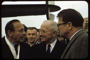 In this photograph from March 21, 1958, from left comedian Jack Benny, former President Harry S. Truman and Hans Schweiger, director of the Kansas City Symphony Orchestra visit after Benny's arrival in Kansas City to perform in a fundraiser for the orchestra. This image is from a collection of photographs found in a thrift store in Lawrence by an unknown photographer.