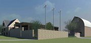 An artist’s rendering of a Studio 804 project shows a view looking northeast on the property of the old Chamney farm on Kansas University’s West Campus. The old dairy barn is at right.