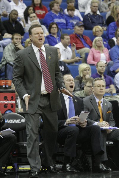 Kansas head coach Bill Self instructs his team from the sideline against Boston University on Friday, March 18, 2011 at the BOK Center in Tulsa, Oklahoma.