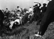 In this May 30, 1937, file photo, police using guns, clubs and tear gas wade into marching strikers outside Chicago’s Republic Steel plant during violent clashes in the early days of labor union organizations.
