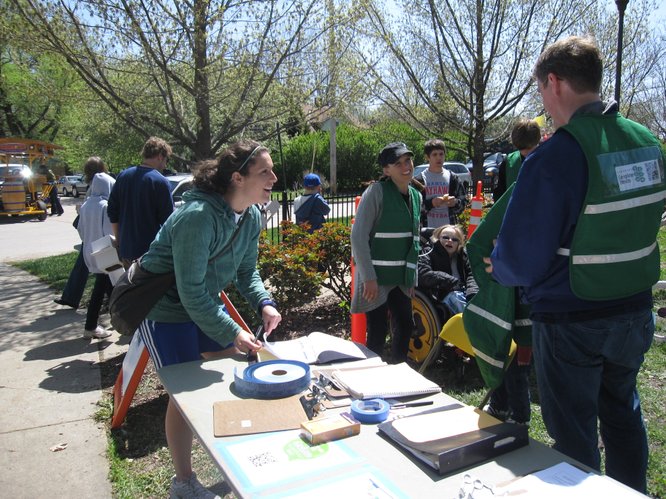 Jennifer Berman, Lawrence, rode her bicycle about two miles to the Earth Day Celebration on Saturday, April 16, 2011, in South Park. She was the 30th bicyclist to use the Complete Streets' bicycle valet service. She checked her bicycle in at 12:30 p.m.