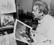 Thomas Hart Benton holds a lithograph of his painting showing a family returning to their home after a disastrous flood in the Kaw River Valley, while he looks at the original sketch and also original a copy of his painting for the same subject, in Kansas City, Mo., Oct. 14, 1951.