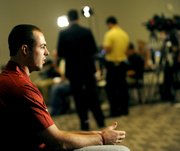 Oklahoma quarterback Landry Jones pauses between questions during NCAA college football Big 12 Media Days, Tuesday, July 26, 2011, in Dallas.