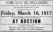 An advertisement for a farm auction on the Howard W. Wright farm 1 1/2 miles north of Milo and 4 1/2 miles east of Barnard. The 920 acres of land would be auctioned off into ten small farms by the Middle West Land Auction company from Salina. During the sale, a free noon meal would be served and entertainment provided.