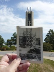 The Campanile at Kansas University was dedicated in May of 1951 in honor of the military that died serving in World War II. My dad, Clem Zillner, was a carpenter who worked for Constant Construction Company at the time. This is a picture of the of the wooden scaffolding used to support the men working on the structure. It was taken looking north over Memorial Stadium at the back of Strong Hall. Photo by Joyce Halderman
