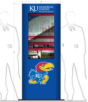 This rendering features an early design of one of six information kiosks planned for locations at the Kansas Union and at the Underground dining facility at Wescoe Hall. Mike Reid, director of public affairs for the KU Memorial Unions, said that the final product may not look exactly like this rendering, but it will likely be close.