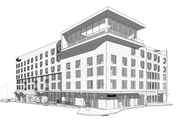 A southwest view of a proposed multi-story hotel, apartment and retail building on the southeast corner of Ninth and New Hampshire streets.