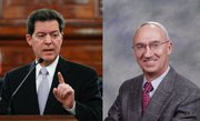 Missouri billionaire Rex Sinquefield, right, is contributing to a Kansas group's efforts to repeal the income tax. Gov. Sam Brownback, left, supports the campaign.