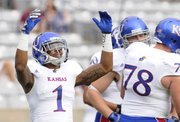 Kansas safety Lubbock Smith gets pumped up before taking on Texas A&M on Saturday, Nov. 19, 2011 at Kyle Field in College Station, Texas.